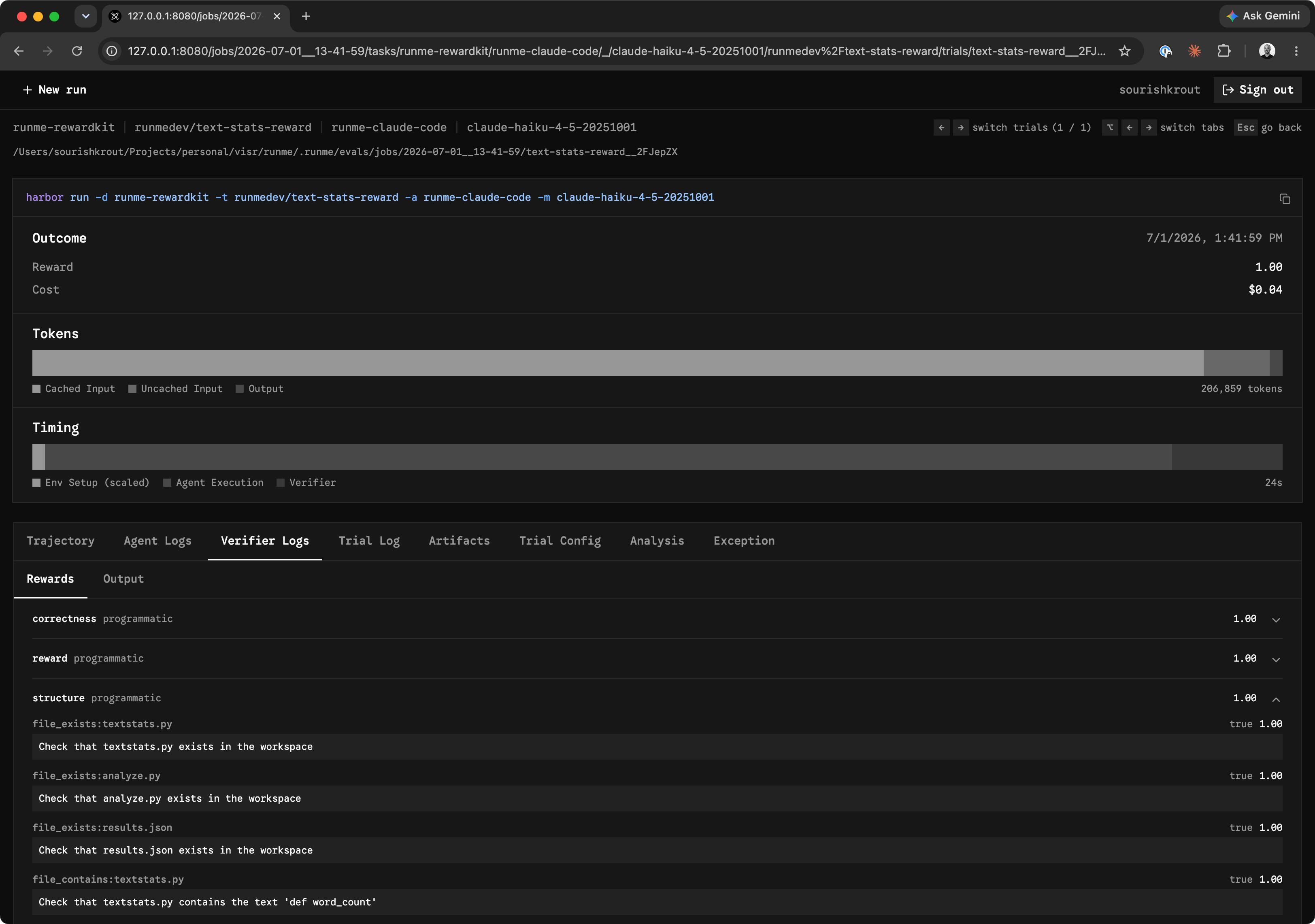 Runme eval dashboard showing verifier rewards for a completed RewardKit task